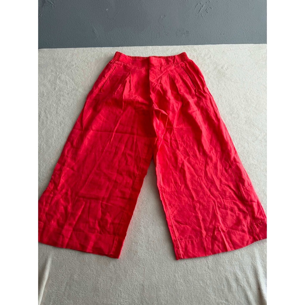 Athleta Womens 8 coral Red Playa Linen Wide Crop Pants Elastic Zipper Pockets